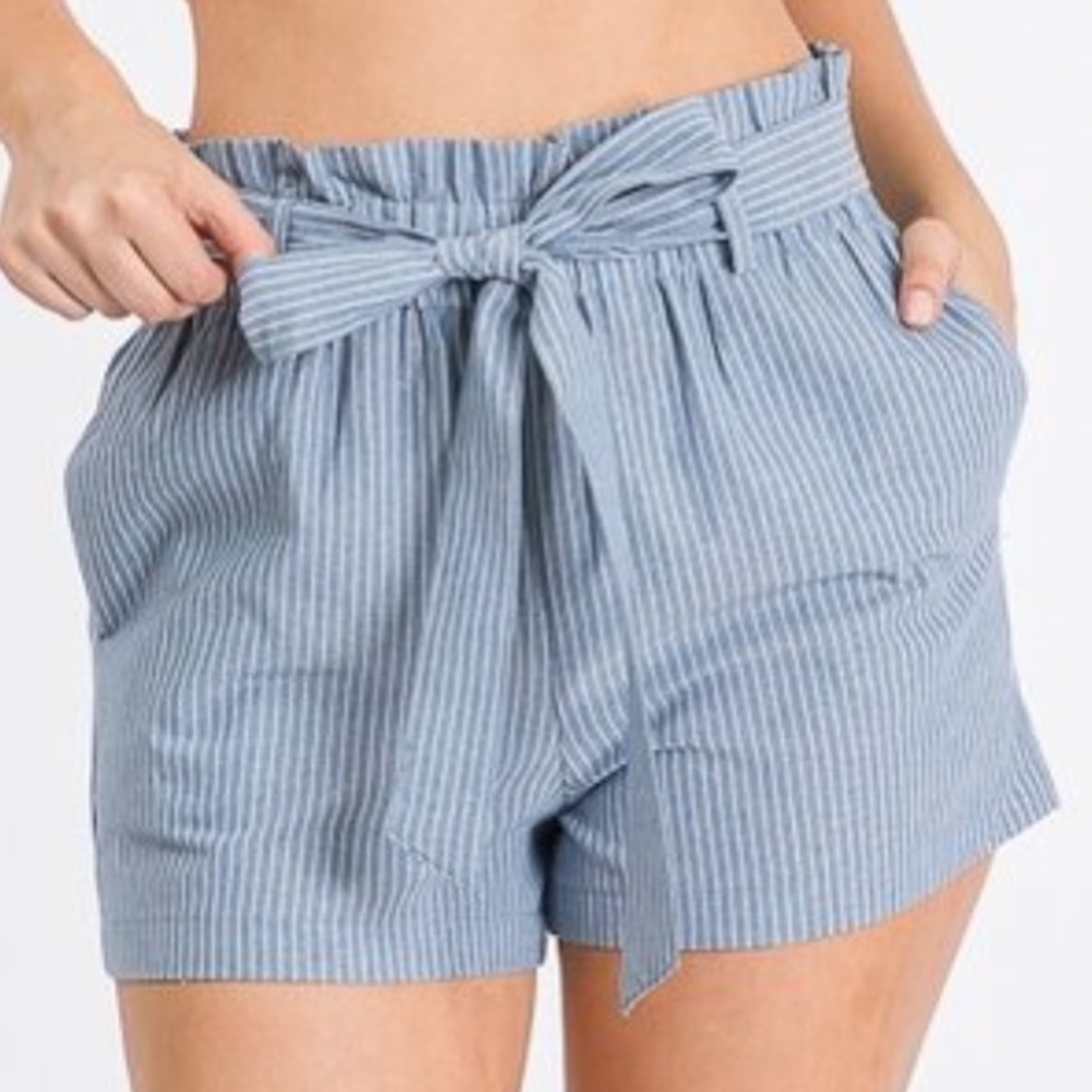 Paper Bag Shorts Women size Small, Medium, Large Blue Pinstripe High Waist Short